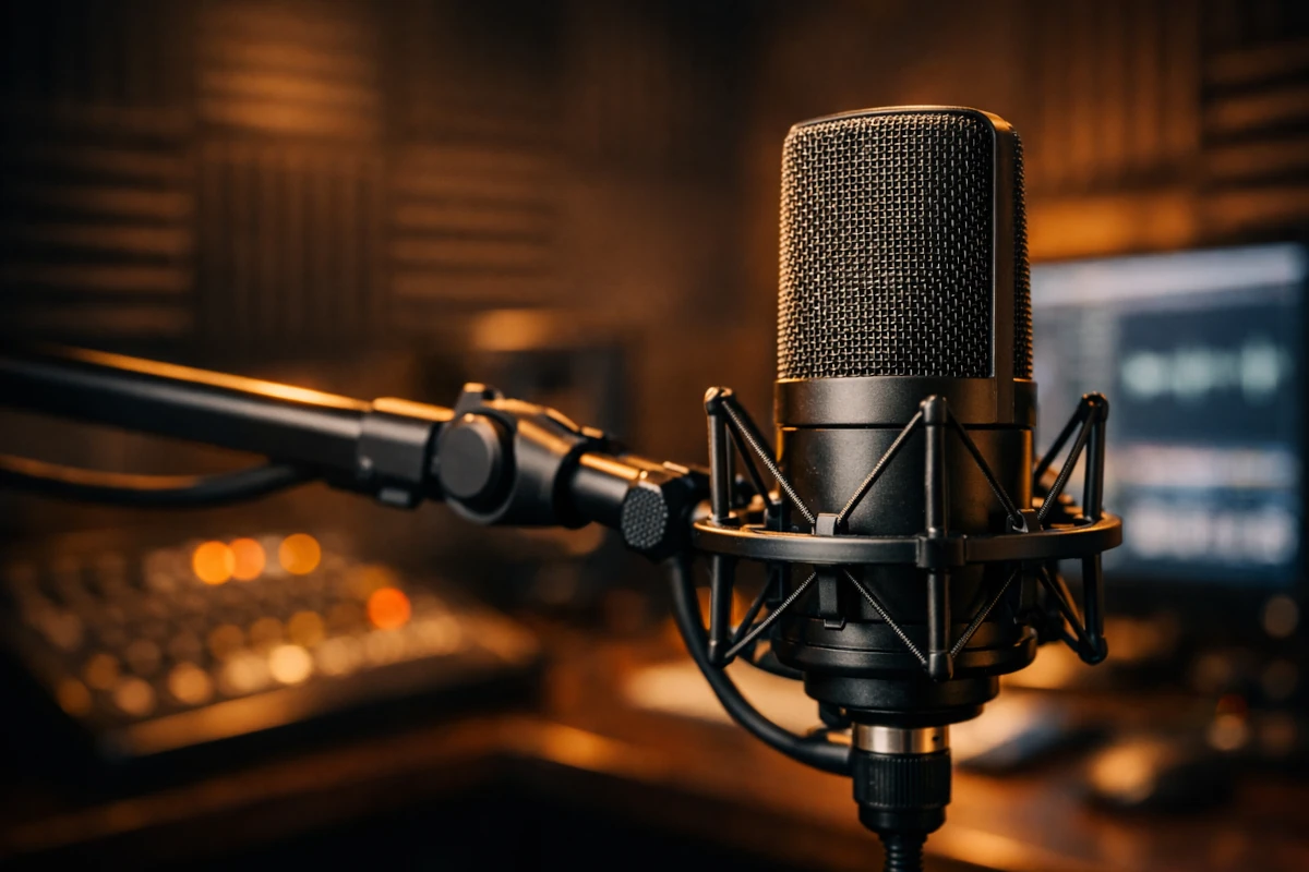 Professionelles Mikrofon im Studio für Sprechleistungen und Podcast-Produktion